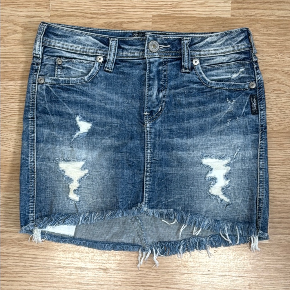 Silver Jeans Francy Mid Mini Distressed Denim Skirt W24 Super Stretch